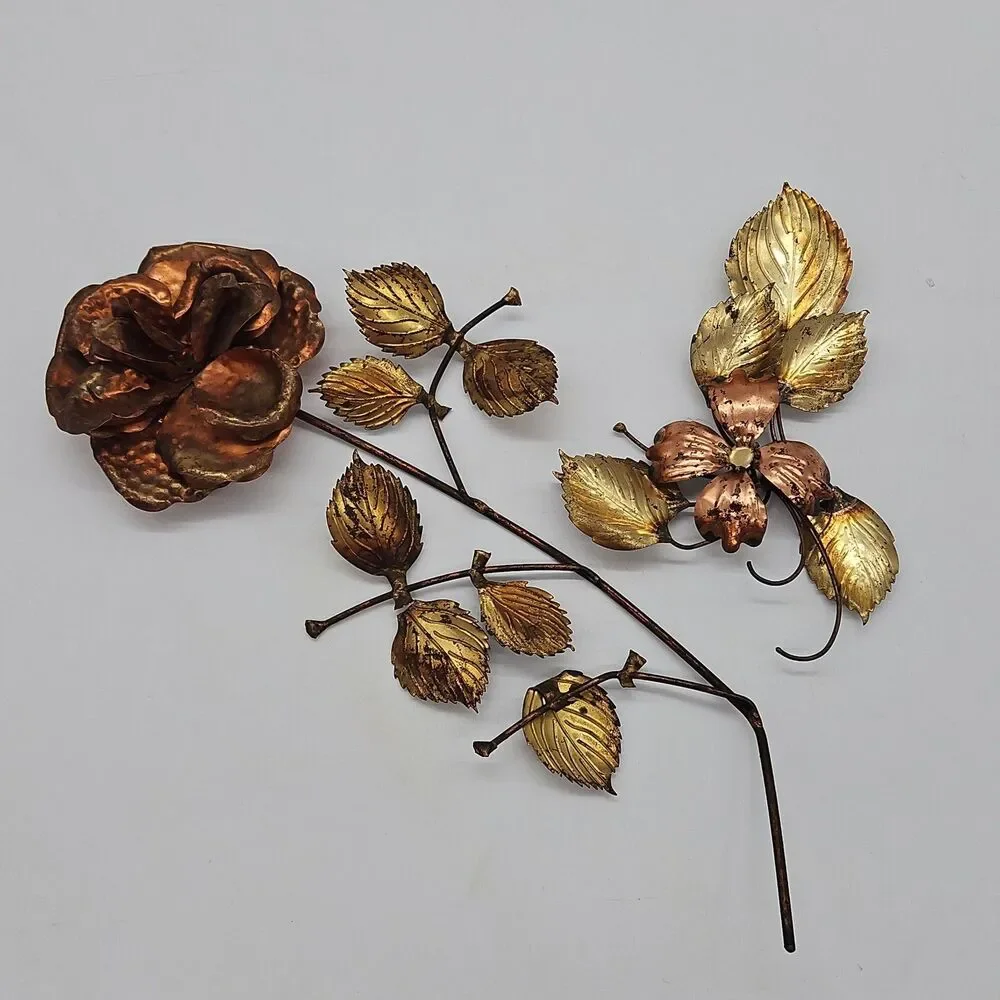 Gold Tone Brass & Copper Flower Roses Leaf Metal Wall Hanging Decor Set